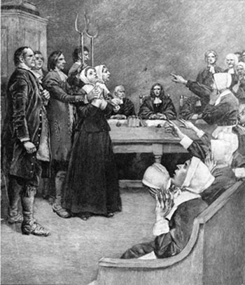An engraving of the trial of two alleged witches in Salem, Massachusetts
